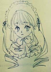 Rating: Safe Score: 0 Tags: 1girl bangs bow bowtie closed_mouth eyebrows_visible_through_hair frills image long_hair looking_at_viewer maid_headdress monochrome photo shinku simple_background solo traditional_media upper_body User: admin
