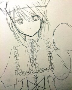 Rating: Safe Score: 0 Tags: 1girl breasts closed_mouth eyebrows_visible_through_hair frills greyscale hariruri image lineart looking_at_viewer monochrome short_hair solo souseiseki traditional_media upper_body User: admin