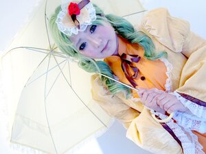 Rating: Safe Score: 0 Tags: 1girl blue_eyes flower frills green_hair hat hat_flower holding_umbrella kanaria lips long_hair parasol ribbon rose solo umbrella upper_body User: admin