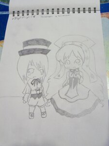 Rating: Safe Score: 0 Tags: 2girls auto_tagged blush chibi dress hat image long_hair long_sleeves monochrome multiple_girls pair photo short_hair souseiseki standing suiseiseki traditional_media User: admin