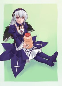 Rating: Safe Score: 0 Tags: 1girl black_wings boots cup detached_collar dress frills full_body green_background hairband highres image juliet_sleeves kamatori_pokari long_hair long_sleeves looking_at_viewer pink_eyes puffy_sleeves purple_eyes rozen_maiden silver_hair smile solo suigintou wings yakult User: admin