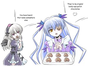 Rating: Safe Score: 0 Tags: 2girls :d barasuishou blush chocolate dress english_text flower food frills hairband image long_hair long_sleeves mouth_hold multiple_girls open_mouth pair silver_hair smile suigintou valentine wings yellow_eyes User: admin