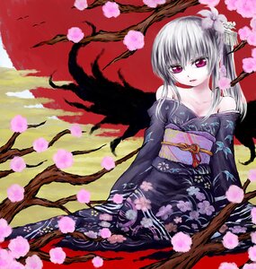 Rating: Safe Score: 0 Tags: 1girl bare_shoulders bird branch cherry_blossoms floral_print flower full_moon hair_flower hair_ornament image in_tree iseki_(kuroshura_no_tabiji) japanese_clothes kimono long_hair moon obi off_shoulder pale_skin ponytail purple_eyes rozen_maiden sash silver_hair sitting sitting_in_tree solo suigintou tree tree_branch wings User: admin