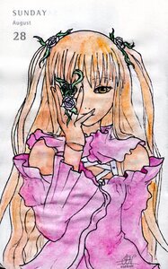 Rating: Safe Score: 0 Tags: 1girl bare_shoulders dated dress flower frills gloves image kirakishou long_hair marker_(medium) rose signature smile solo traditional_media User: admin