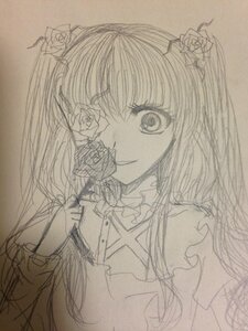 Rating: Safe Score: 0 Tags: 1girl flower frills hair_flower hair_ornament image kirakishou long_hair monochrome rose smile solo traditional_media User: admin