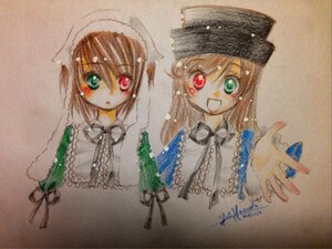 Rating: Safe Score: 0 Tags: 2girls :d black_headwear brown_hair dress green_dress green_eyes hat head_scarf heterochromia image long_hair long_sleeves looking_at_viewer multiple_girls open_mouth pair red_eyes siblings simple_background sisters smile souseiseki suiseiseki traditional_media twins watercolor_(medium) User: admin