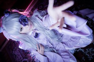 Rating: Safe Score: 0 Tags: 1girl bangs barasuishou blunt_bangs blurry blurry_foreground depth_of_field dress eyepatch flower green_eyes hair_flower hair_ornament lolita_fashion long_hair looking_at_viewer rose smile solo User: admin