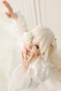 Rating: Safe Score: 0 Tags: 1girl blood flower hair_flower hair_ornament hands kirakishou lips long_hair looking_at_viewer solo striped vertical_stripes white_flower white_hair User: admin