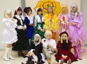 Rating: Safe Score: 0 Tags: 6+girls blonde_hair boots brown_eyes brown_hair closed_eyes dark_skin dress eyepatch fruit hair_ornament hat holding_umbrella long_hair multiple_boys multiple_cosplay multiple_girls parasol short_hair tagme umbrella white_hair User: admin