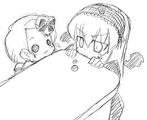 Rating: Safe Score: 0 Tags: 2girls auto_tagged blush hairband image kanaria looking_at_another monochrome multiple_girls pair simple_background smile striped suigintou white_background User: admin