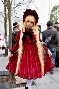 Rating: Safe Score: 0 Tags: 1girl blonde_hair bonnet dress hat long_hair looking_at_viewer multiple_boys realistic red_dress shinku solo standing tree white_legwear User: admin