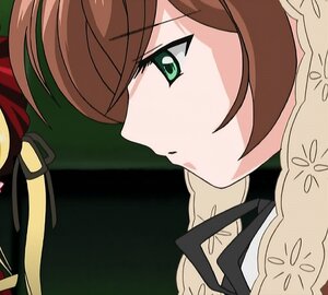 Rating: Safe Score: 0 Tags: 1girl blush brown_hair green_eyes hair_over_one_eye image ribbon solo suiseiseki User: admin