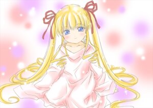 Rating: Safe Score: 0 Tags: 1girl bare_shoulders blonde_hair blue_eyes blush dress hair_ribbon image long_hair long_sleeves looking_at_viewer off_shoulder ribbon shinku sitting smile solo twintails very_long_hair User: admin