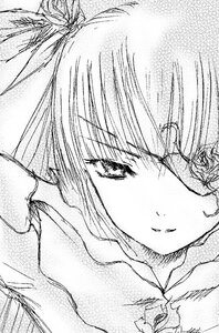 Rating: Safe Score: 0 Tags: 1girl 86800 barasuishou close-up fujiwara_no_mokou greyscale image looking_at_viewer monochrome smile solo traditional_media white_background User: admin