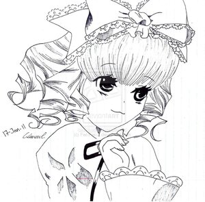Rating: Safe Score: 0 Tags: 1girl auto_tagged blush drill_hair eyebrows_visible_through_hair frills greyscale hinaichigo image looking_at_viewer monochrome smile solo traditional_media upper_body User: admin