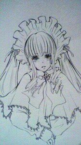 Rating: Safe Score: 0 Tags: 1girl bangs bowtie dress frills half-closed_eyes image long_hair long_sleeves looking_at_viewer maid_headdress ribbon shinku solo traditional_media upper_body User: admin