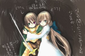 Rating: Safe Score: 0 Tags: 2girls blonde_hair blue_eyes brown_hair cape green_eyes heterochromia holding_sword image long_hair long_sleeves looking_at_viewer multiple_girls pair red_eyes short_hair siblings sisters souseiseki suiseiseki sword very_long_hair weapon User: admin