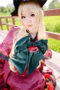 Rating: Safe Score: 0 Tags: 1girl animal_ears blonde_hair blurry blurry_background bow brown_eyes depth_of_field dress flower lips looking_at_viewer photo rose shinku sitting solo User: admin