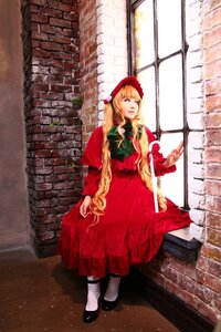 Rating: Safe Score: 0 Tags: 1girl black_footwear blonde_hair bonnet dress long_hair long_sleeves pantyhose red_dress shinku shoes sitting solo twintails very_long_hair window User: admin