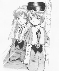 Rating: Safe Score: 0 Tags: 2girls blush dress greyscale hat image long_hair long_sleeves looking_at_viewer monochrome multiple_girls neck_ribbon pair ribbon short_hair siblings sisters sitting souseiseki suiseiseki User: admin