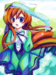 Rating: Safe Score: 0 Tags: 1girl :o blue_eyes brown_hair dress frills green_dress hat heterochromia image long_hair long_sleeves open_mouth pantyhose ribbon solo suiseiseki vertical_stripes User: admin