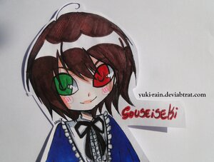 Rating: Safe Score: 0 Tags: 1girl artist_name blush_stickers brown_hair closed_mouth frills green_eyes image looking_at_viewer red_eyes ribbon short_hair simple_background smile solo souseiseki upper_body User: admin