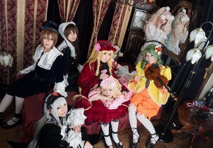 Rating: Safe Score: 0 Tags: 6+girls blonde_hair blue_eyes bow brown_hair curtains dress flower green_eyes green_hair hair_ornament hat instrument long_hair multiple_cosplay multiple_girls pantyhose shinku silver_hair sitting suigintou tagme violin User: admin