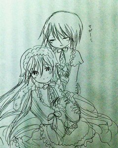Rating: Safe Score: 0 Tags: 2girls blue_theme closed_eyes dress image long_hair monochrome multiple_girls pair short_hair smile souseiseki suiseiseki traditional_media very_long_hair User: admin