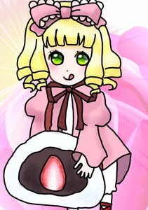 Rating: Safe Score: 0 Tags: 1girl :q blonde_hair blunt_bangs bow cake dress food green_eyes hina_ichigo hinaichigo image long_sleeves pink_background pink_bow short_hair smile solo tongue tongue_out User: admin