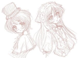 Rating: Safe Score: 0 Tags: 2girls blush hat long_hair looking_at_viewer monochrome multiple_girls short_hair simple_background sketch smile upper_body white_background User: admin