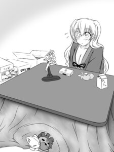 Rating: Safe Score: 0 Tags: 1girl blush breasts cleavage comic eyepatch greyscale image kirakishou kotatsu long_hair monochrome solo table User: admin