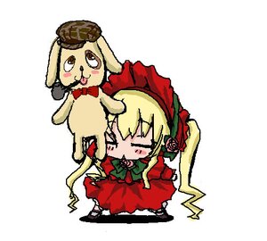 Rating: Safe Score: 0 Tags: 1girl animal blonde_hair blush bonnet bow chibi closed_eyes dog dress flower hat image long_hair long_sleeves red_dress rose shinku solo User: admin