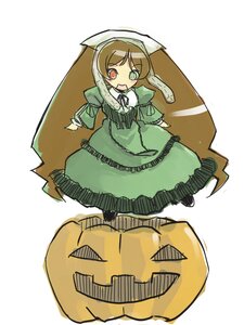 Rating: Safe Score: 0 Tags: 1girl :d brown_hair dress full_body green_dress green_eyes halloween heterochromia image jack-o'-lantern long_hair long_sleeves open_mouth pumpkin red_eyes simple_background smile solo suiseiseki white_background User: admin