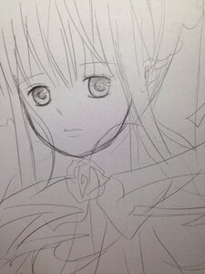 Rating: Safe Score: 0 Tags: 1girl bow greyscale image lineart long_hair looking_at_viewer monochrome shinku simple_background sketch solo traditional_media white_background User: admin