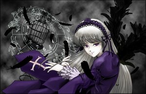 Rating: Safe Score: 0 Tags: 1girl black_wings dress feathers flower frills hairband image long_hair long_sleeves looking_at_viewer rose solo suigintou wings User: admin