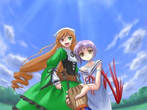 Rating: Safe Score: 0 Tags: 2girls :d basket blue_sky cloud day dress frills green_eyes head_scarf heterochromia image long_hair multiple_girls open_mouth outdoors purple_hair ribbon short_hair sky smile solo suiseiseki wings yellow_eyes User: admin