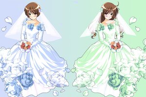 Rating: Safe Score: 0 Tags: 1girl auto_tagged bare_shoulders blush bouquet bridal_veil bride brown_hair crossdressing dress flower gloves green_eyes heterochromia image long_hair multiple_views pair petals rose siblings souseiseki strapless suiseiseki twins veil wedding_dress white_flower User: admin