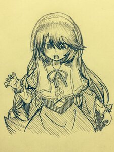 Rating: Safe Score: 0 Tags: 1girl :o alice_margatroid capelet dress eyebrows_visible_through_hair frills graphite_(medium) hair_between_eyes hairband image long_hair long_sleeves looking_at_viewer monochrome open_mouth simple_background solo suiseiseki traditional_media yellow_background User: admin