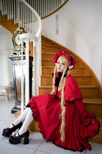 Rating: Safe Score: 0 Tags: 1girl birdcage blonde_hair blue_eyes blurry bonnet cage depth_of_field dress electric_fan frills indoors pantyhose photo red_dress shinku shoes sitting solo tile_floor tiles white_legwear User: admin