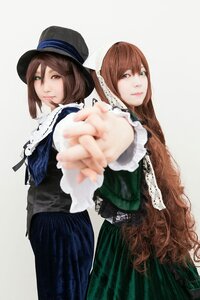 Rating: Safe Score: 0 Tags: 2girls brown_hair dress green_dress green_eyes hat heterochromia holding_hands long_hair long_sleeves looking_at_viewer multiple_cosplay multiple_girls outstretched_arm red_eyes siblings sisters souseiseki suiseiseki tagme twins User: admin