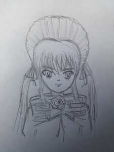 Rating: Safe Score: 0 Tags: 1girl bonnet bowtie closed_mouth greyscale image long_hair looking_at_viewer maid_headdress monochrome shinku simple_background sketch smile solo traditional_media twintails upper_body User: admin