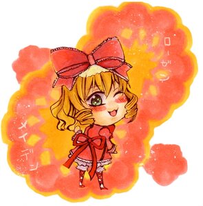 Rating: Safe Score: 0 Tags: 1girl auto_tagged blonde_hair blush bow chibi dress drill_hair frills full_body green_eyes hina_ichigo hinaichigo image looking_at_viewer one_eye_closed open_mouth pink_bow smile solo User: admin