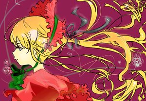 Rating: Safe Score: 0 Tags: 1girl blonde_hair blue_eyes choker dress flower frills hair_ribbon image long_hair profile red_dress ribbon rose shinku solo vines User: admin