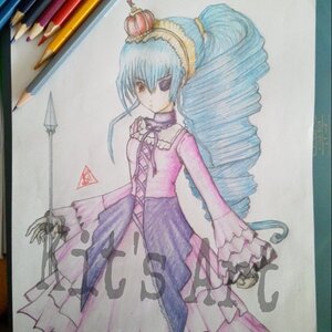 Rating: Safe Score: 0 Tags: 1girl barasuishou blue_hair crown dress drill_hair frills image long_hair long_sleeves marker_(medium) photo shikishi solo standing traditional_media User: admin