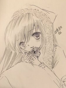 Rating: Safe Score: 0 Tags: 1girl eating food image long_hair looking_at_viewer monochrome solo suiseiseki traditional_media User: admin