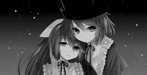 Rating: Safe Score: 0 Tags: 2girls blush choker eyebrows_visible_through_hair frills greyscale hair_between_eyes hat image long_hair monochrome multiple_girls neck_ribbon pair ribbon souseiseki starry_sky suiseiseki User: admin