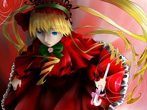 Rating: Safe Score: 0 Tags: 1girl blonde_hair blue_eyes bow bowtie capelet dress flower frills green_bow holding holding_weapon image long_hair long_sleeves looking_at_viewer red_dress rose shinku solo twintails User: admin