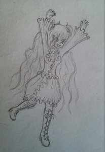 Rating: Safe Score: 0 Tags: 1girl arms_up boots cross-laced_footwear dress full_body greyscale image kirakishou knee_boots long_hair monochrome photo sketch smile solo traditional_media twintails User: admin