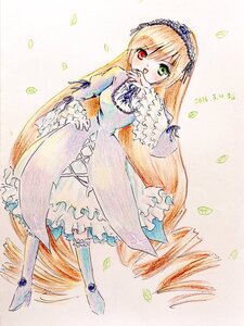 Rating: Safe Score: 0 Tags: 1girl blonde_hair blush costume_switch dress frills green_eyes hairband heterochromia image leaf long_hair long_sleeves red_eyes solo standing traditional_media very_long_hair User: admin