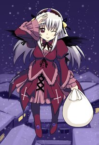 Rating: Safe Score: 0 Tags: 1girl bell black_wings blush dress floating flower gothic_lolita hairband image lolita_fashion lolita_hairband long_hair long_sleeves looking_at_viewer night one_eye_closed red_dress red_eyes ribbon rozen_maiden sack silver_hair sky snow snowing solo standing suigintou takayaki wings User: admin
